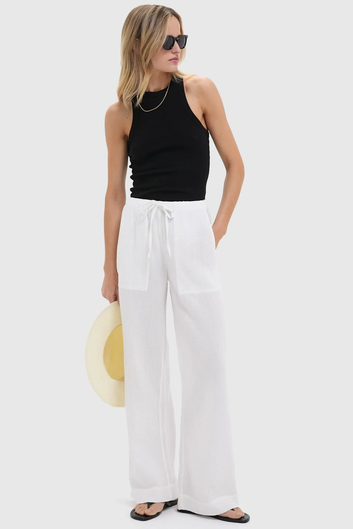 White Dune Cotton Gauze Wide Leg Pant