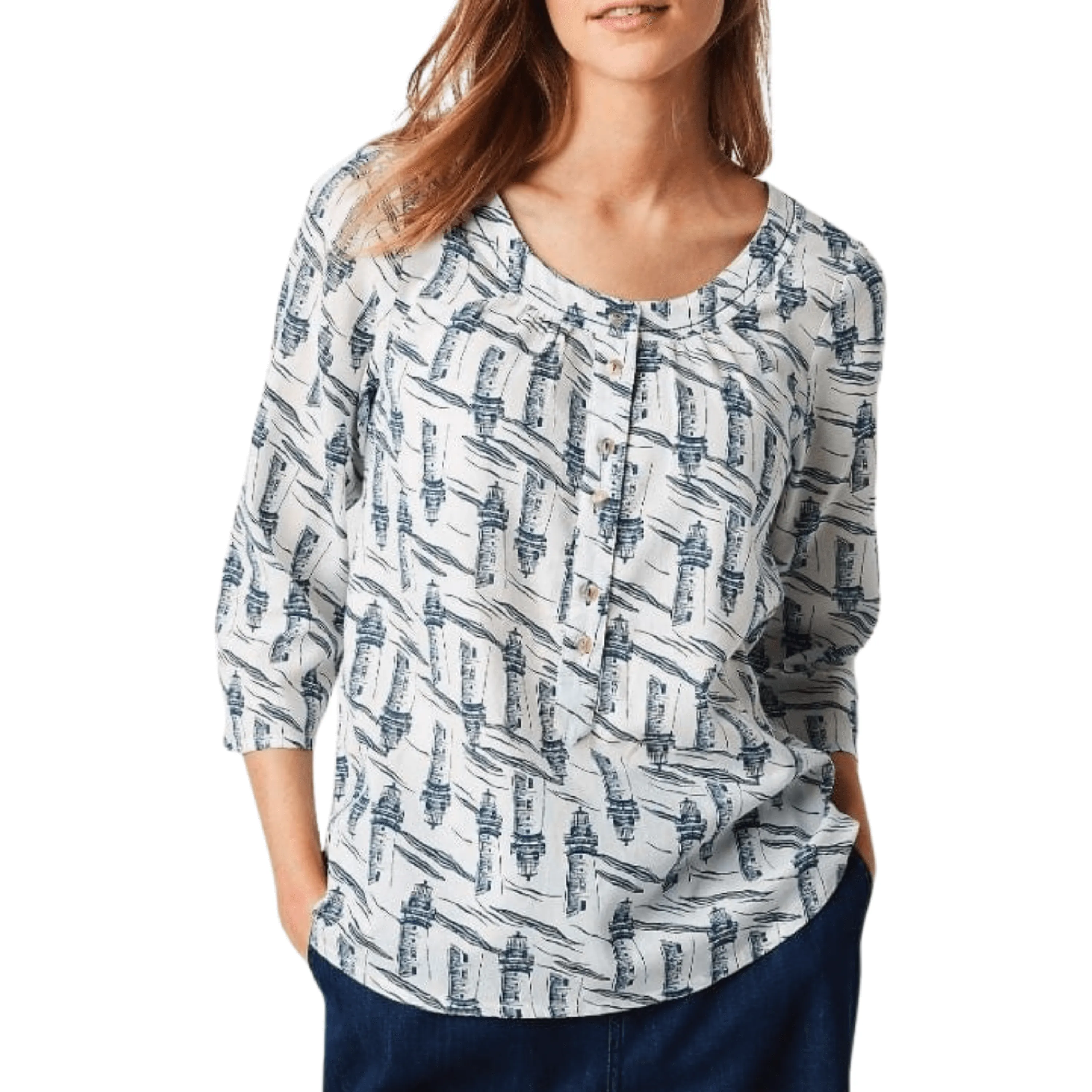 White Stuff Lighthouse Casual 3/4 Sleeve Relaxed Button Lightweight Cotton Tops