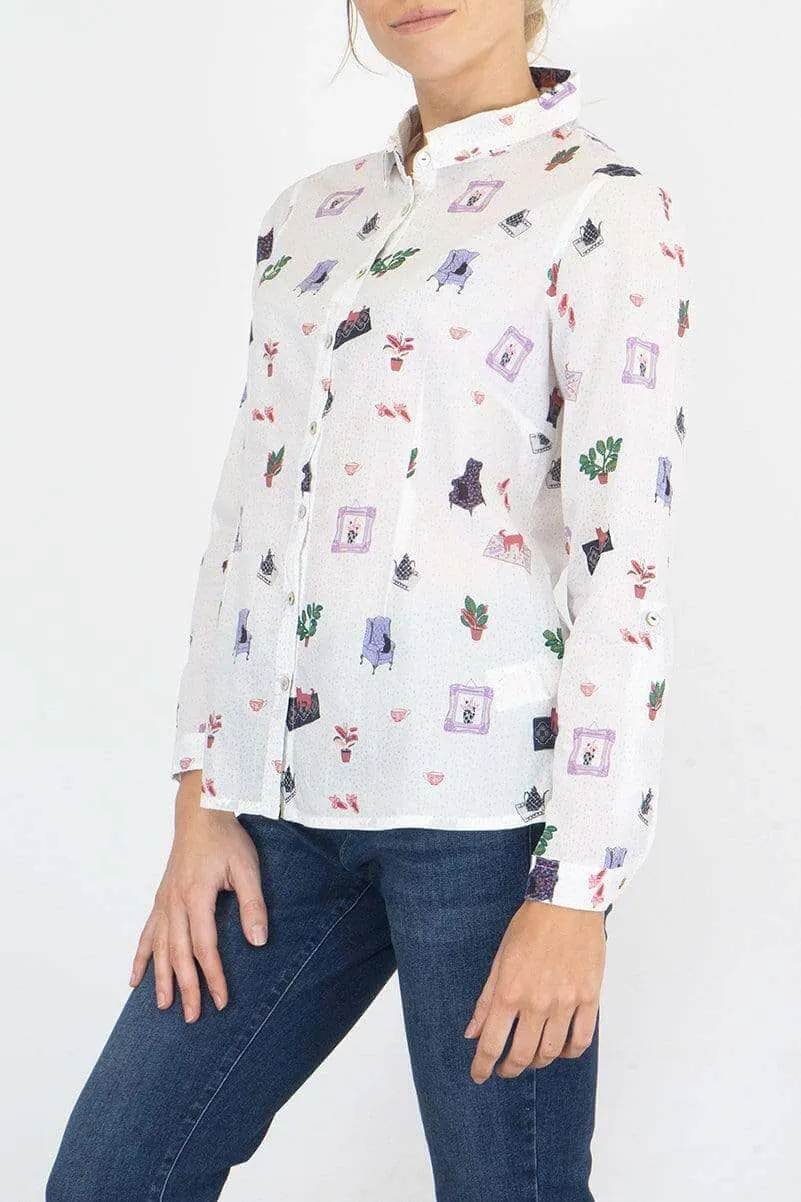 White Stuff Riley Printed White Long Sleeve Cotton Shirt