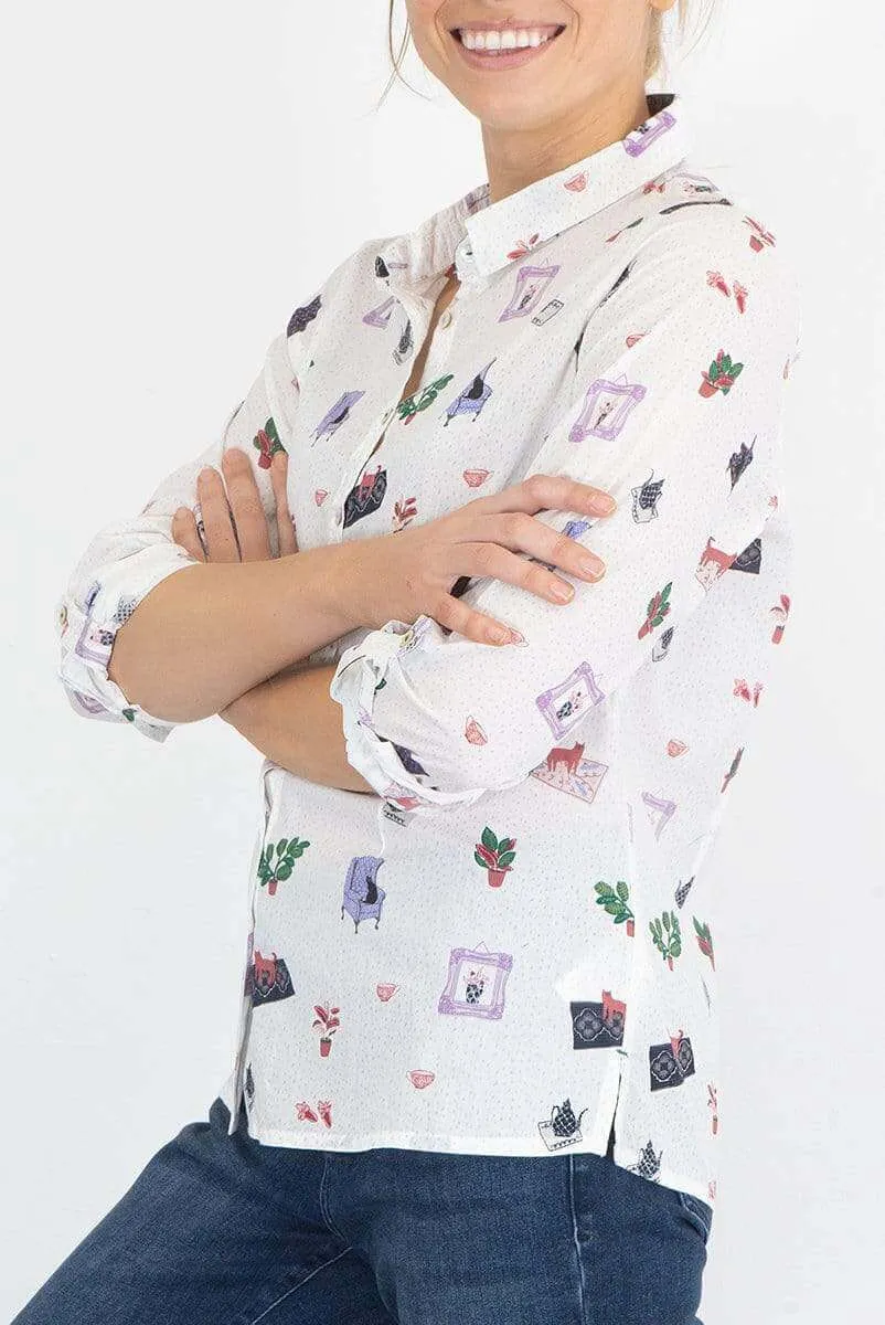 White Stuff Riley Printed White Long Sleeve Cotton Shirt