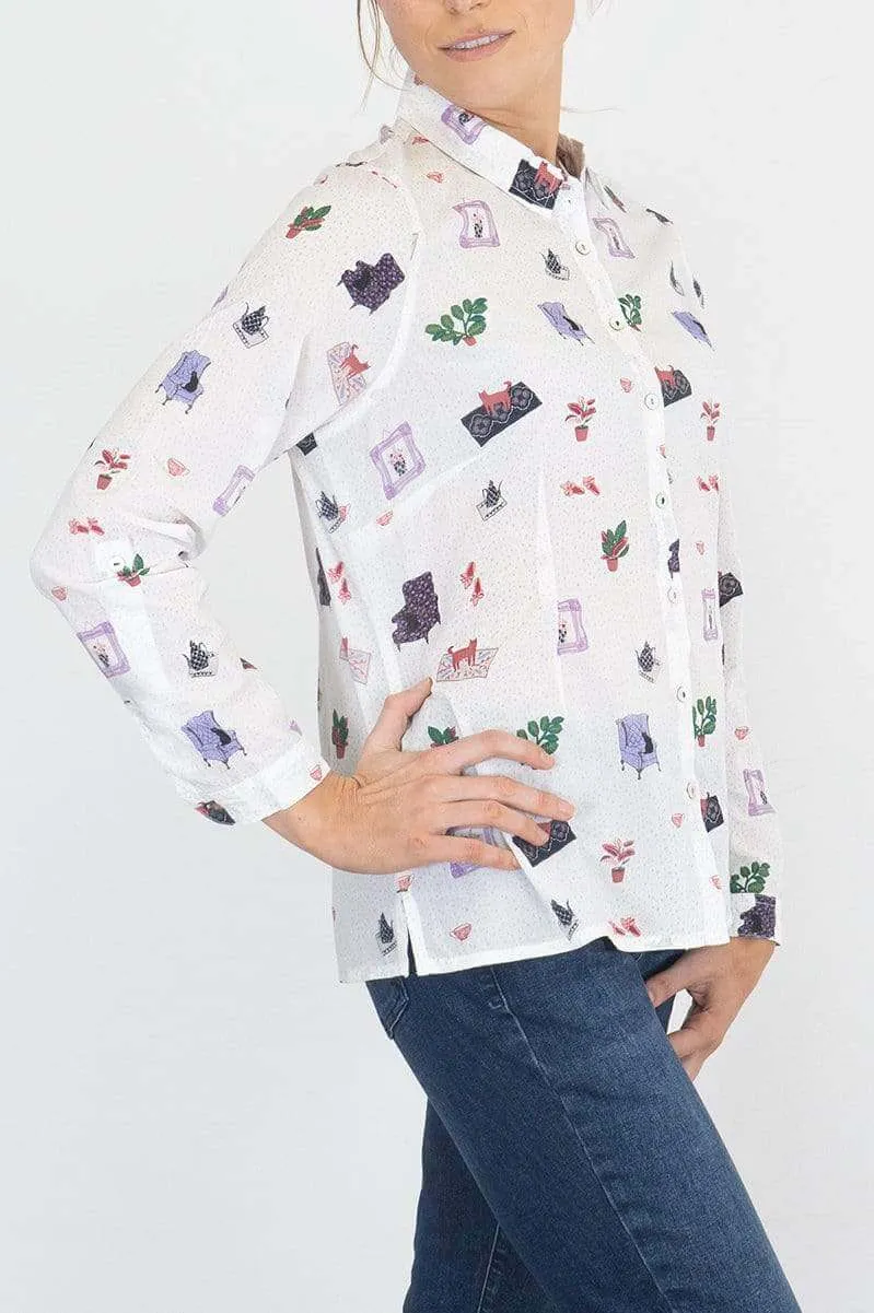 White Stuff Riley Printed White Long Sleeve Cotton Shirt