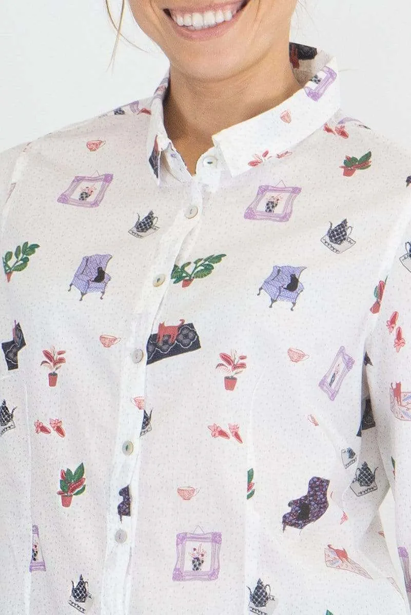 White Stuff Riley Printed White Long Sleeve Cotton Shirt