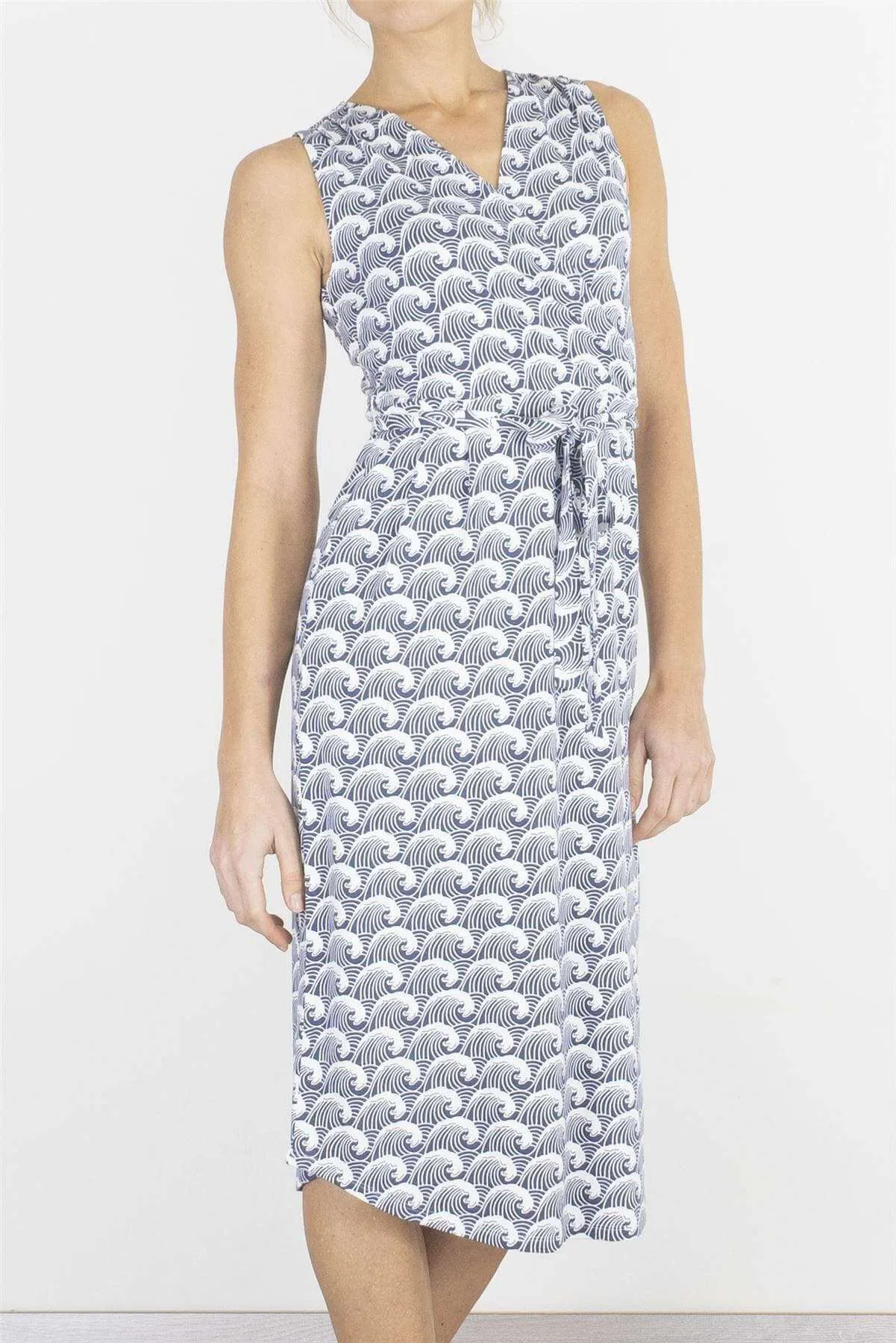 White Stuff Waves Print Cross Wrap Sleeveless Short Dresses