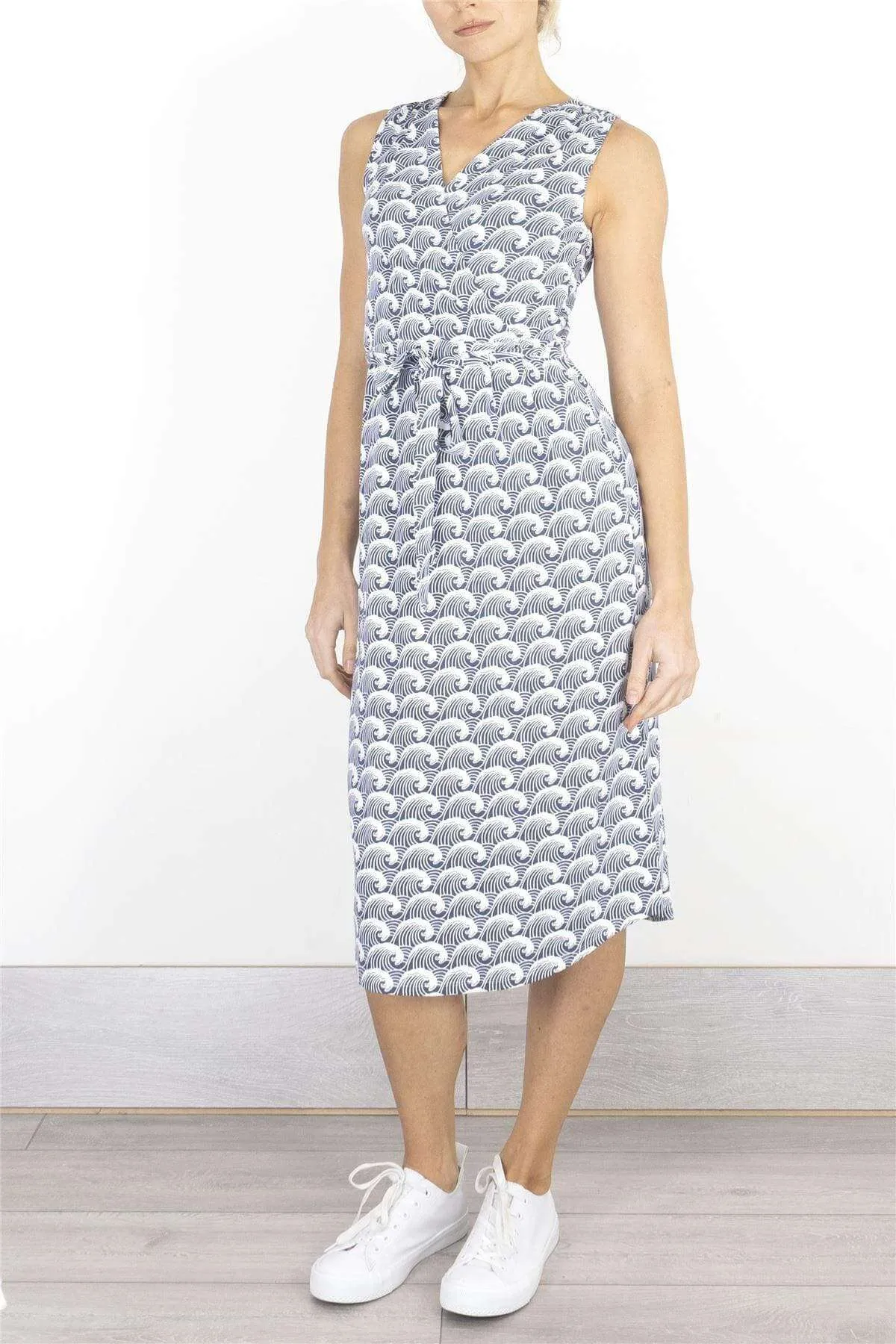 White Stuff Waves Print Cross Wrap Sleeveless Short Dresses
