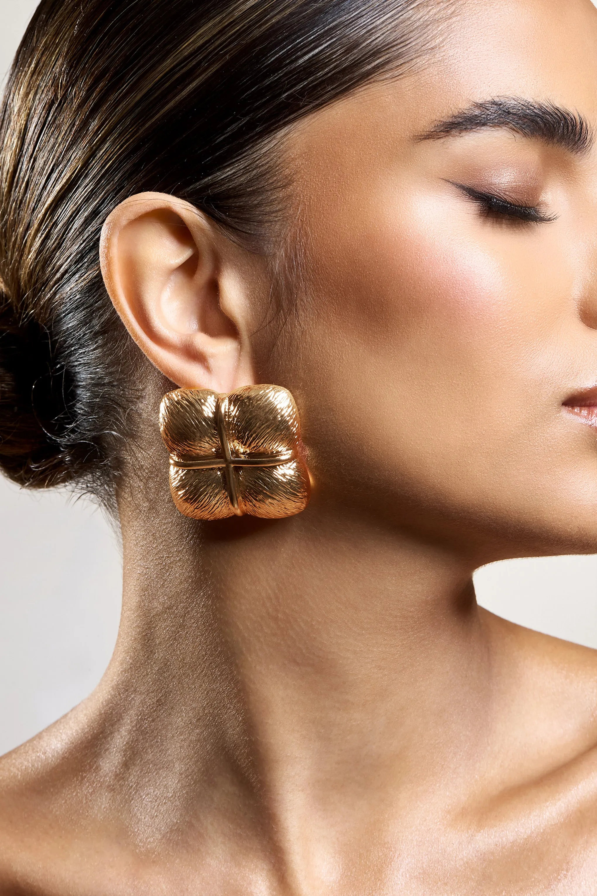Winifred | Gold Textured Square Statement Earrings Club L London