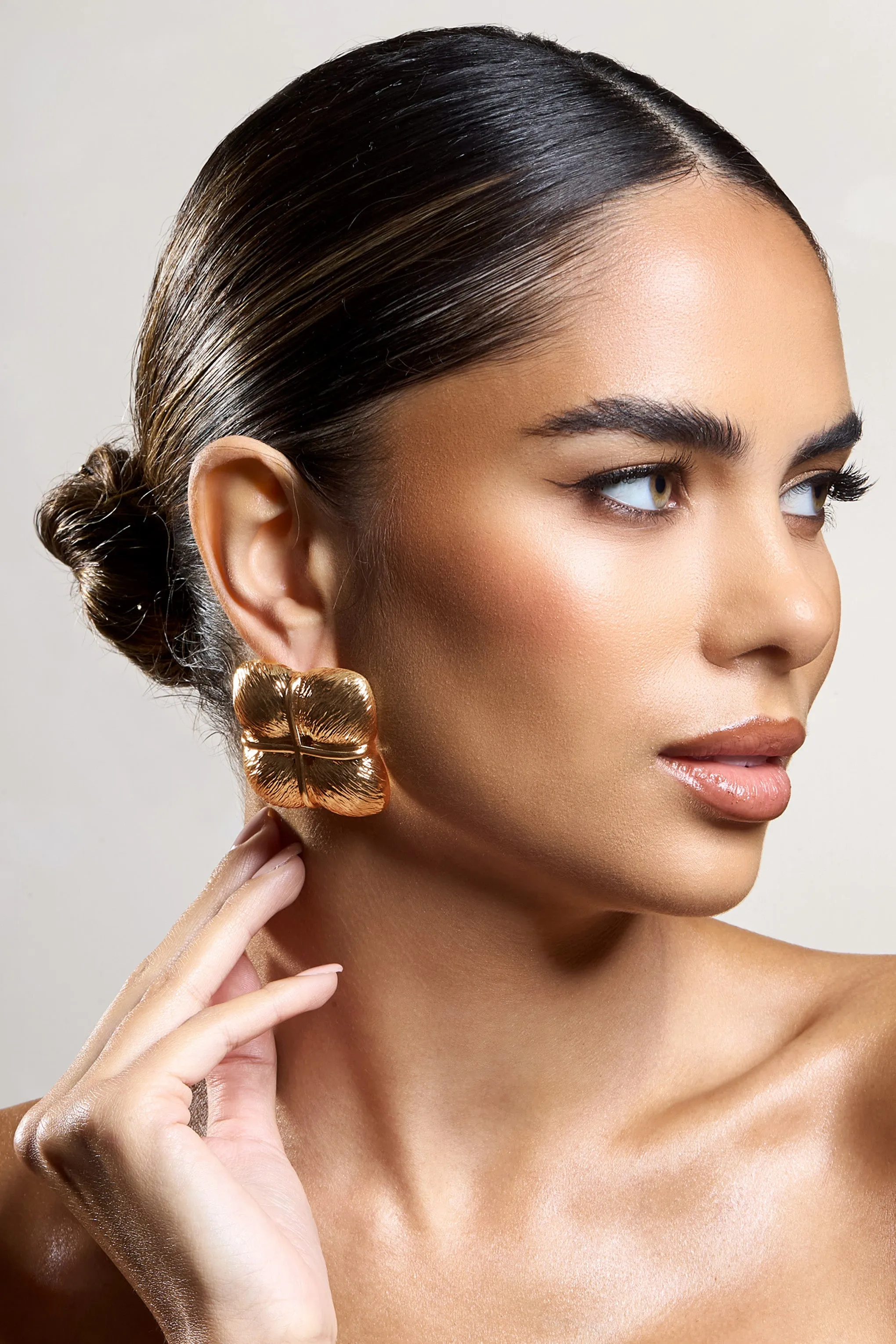 Winifred | Gold Textured Square Statement Earrings Club L London