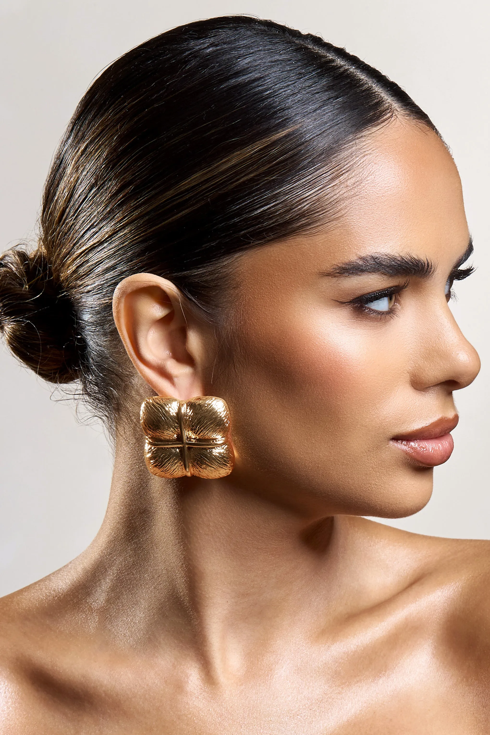Winifred | Gold Textured Square Statement Earrings Club L London