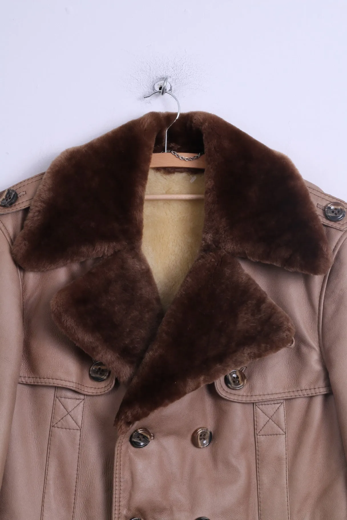 Womens L Coat Beige Leather Fur Buttoned Sheep Lined Warm Long belted Winter Coat