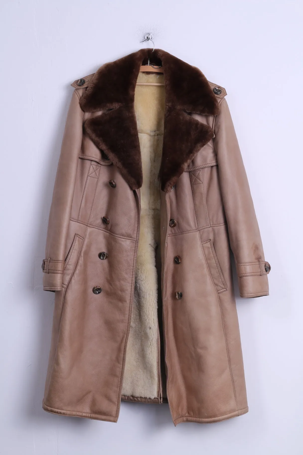 Womens L Coat Beige Leather Fur Buttoned Sheep Lined Warm Long belted Winter Coat
