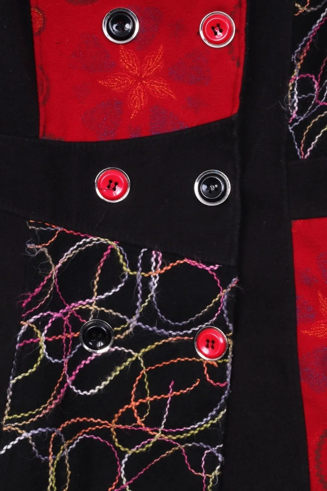 Women's S Coat Black Red Embroidered Big Buttons Fitted Spring Top