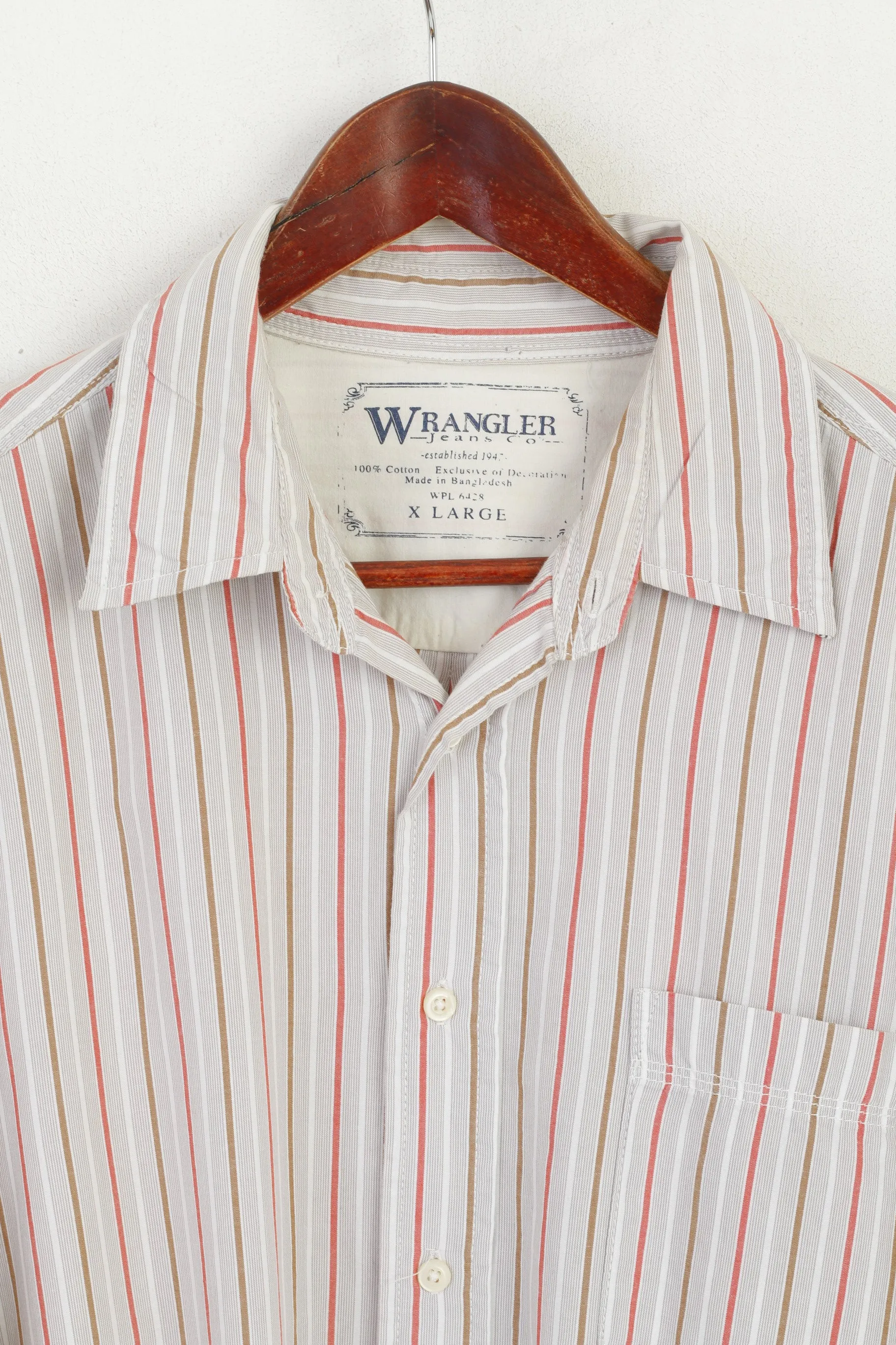 Wrangler Men XL Casual Shirt Beige Striped Cotton Classic Fit Long Sleeve Western Top