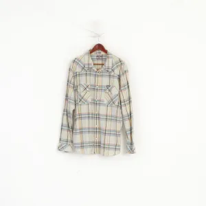 Wrangler Men XXL Casual Shirt Beige Cotton Check Western Long Sleeve Top