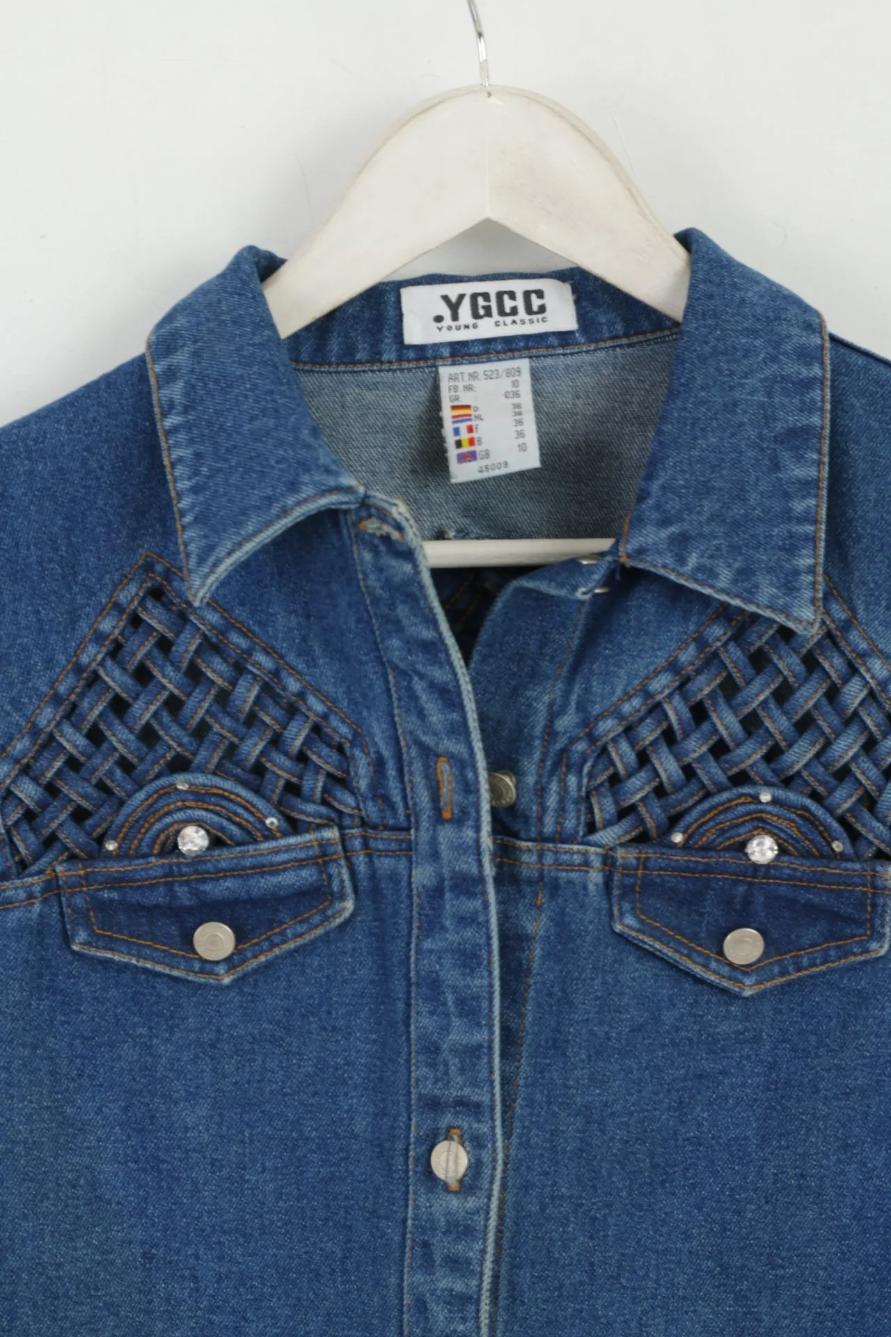 YGCC Women 10 36 S Denim Jacket Blue Jeans Cotton Detailed Boho Top