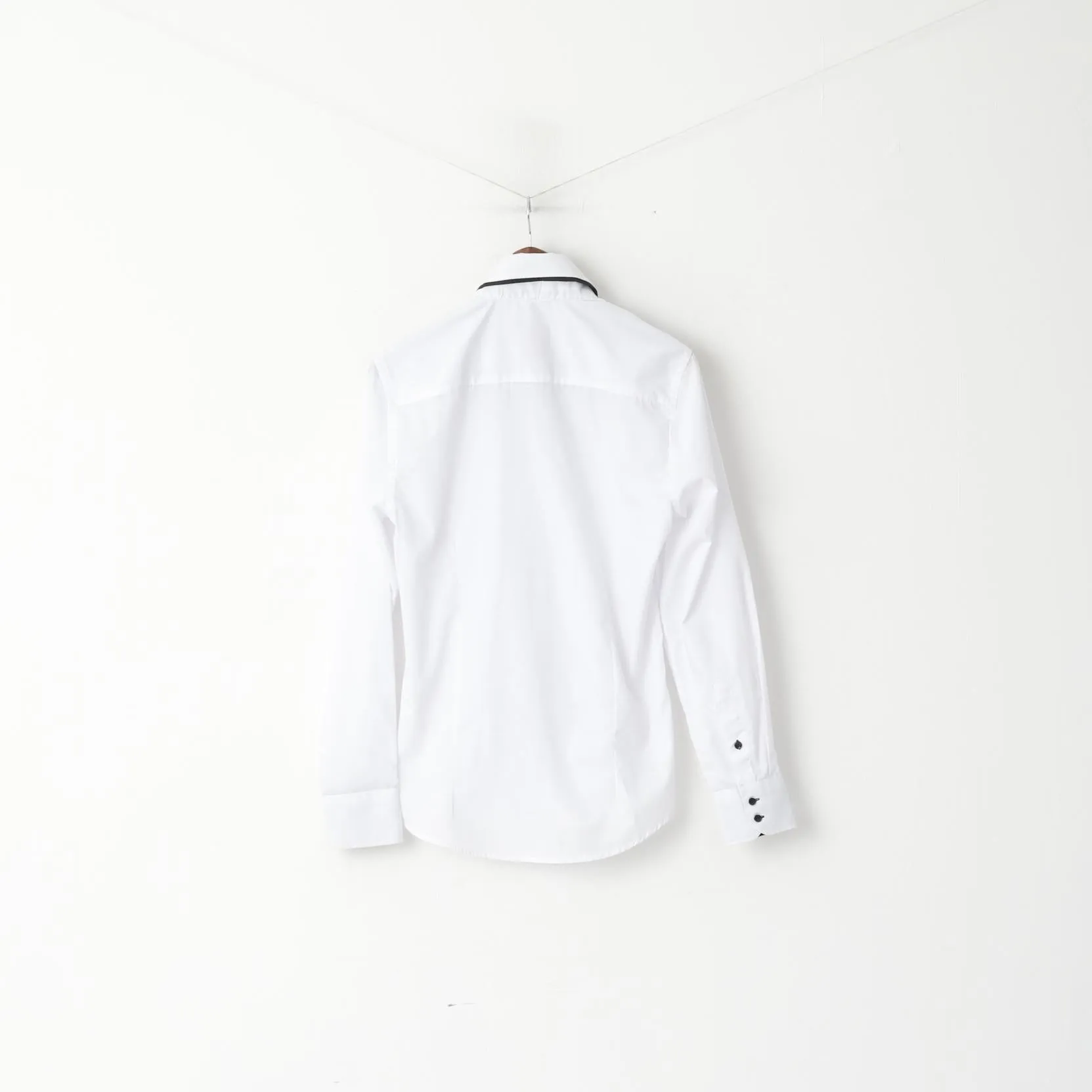 Yves Enzo Men M Casual Shirt White Cotton Slim Fit Black Buttons Long Sleeve Top