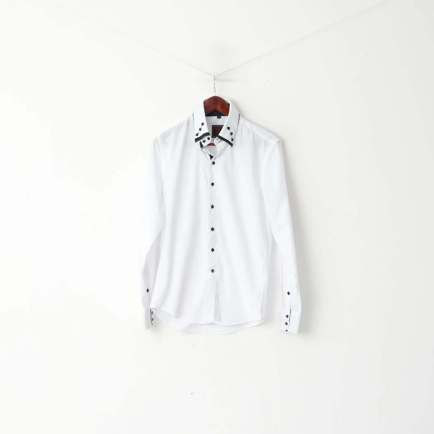 Yves Enzo Men M Casual Shirt White Cotton Slim Fit Black Buttons Long Sleeve Top