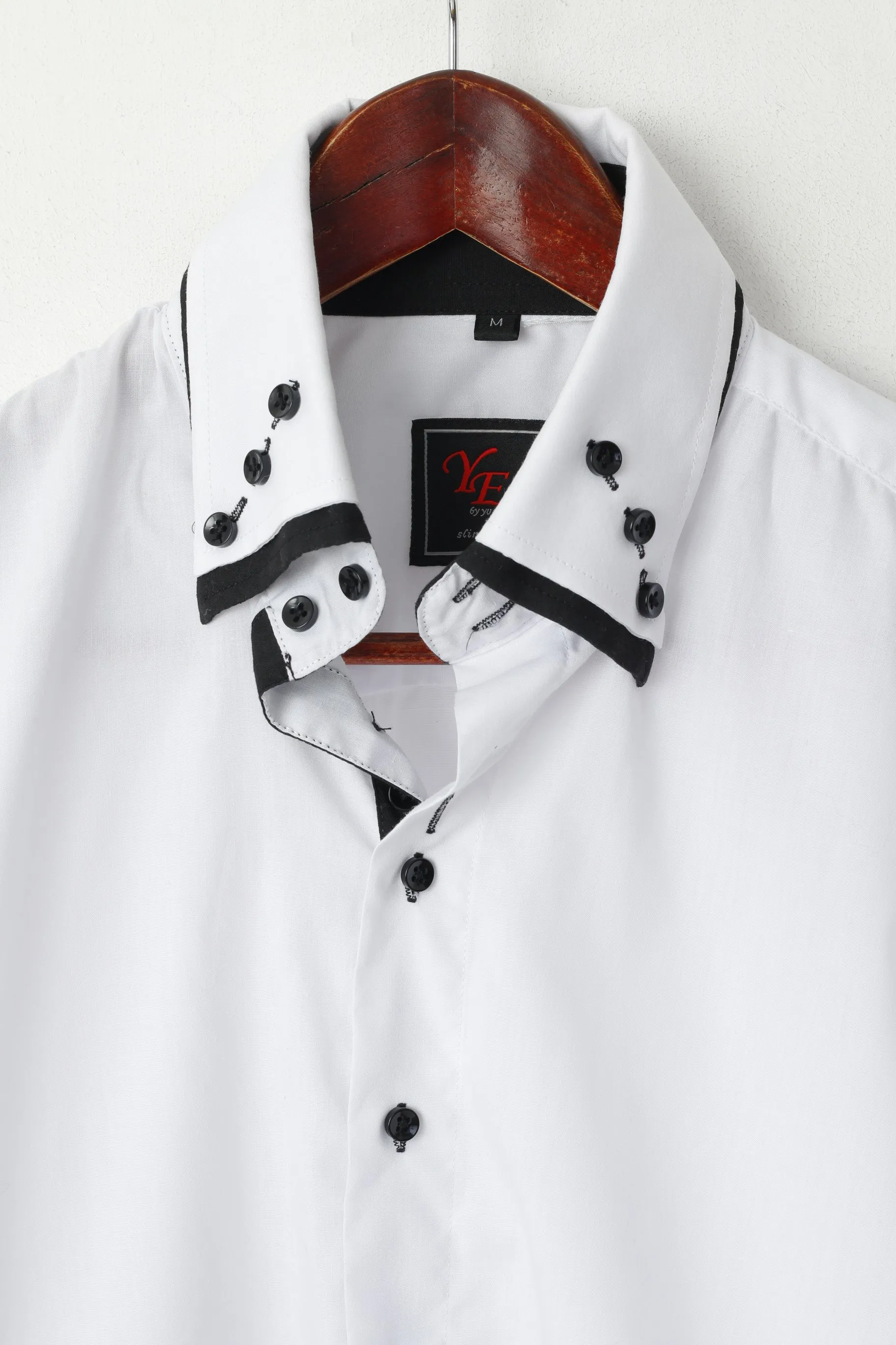 Yves Enzo Men M Casual Shirt White Cotton Slim Fit Black Buttons Long Sleeve Top