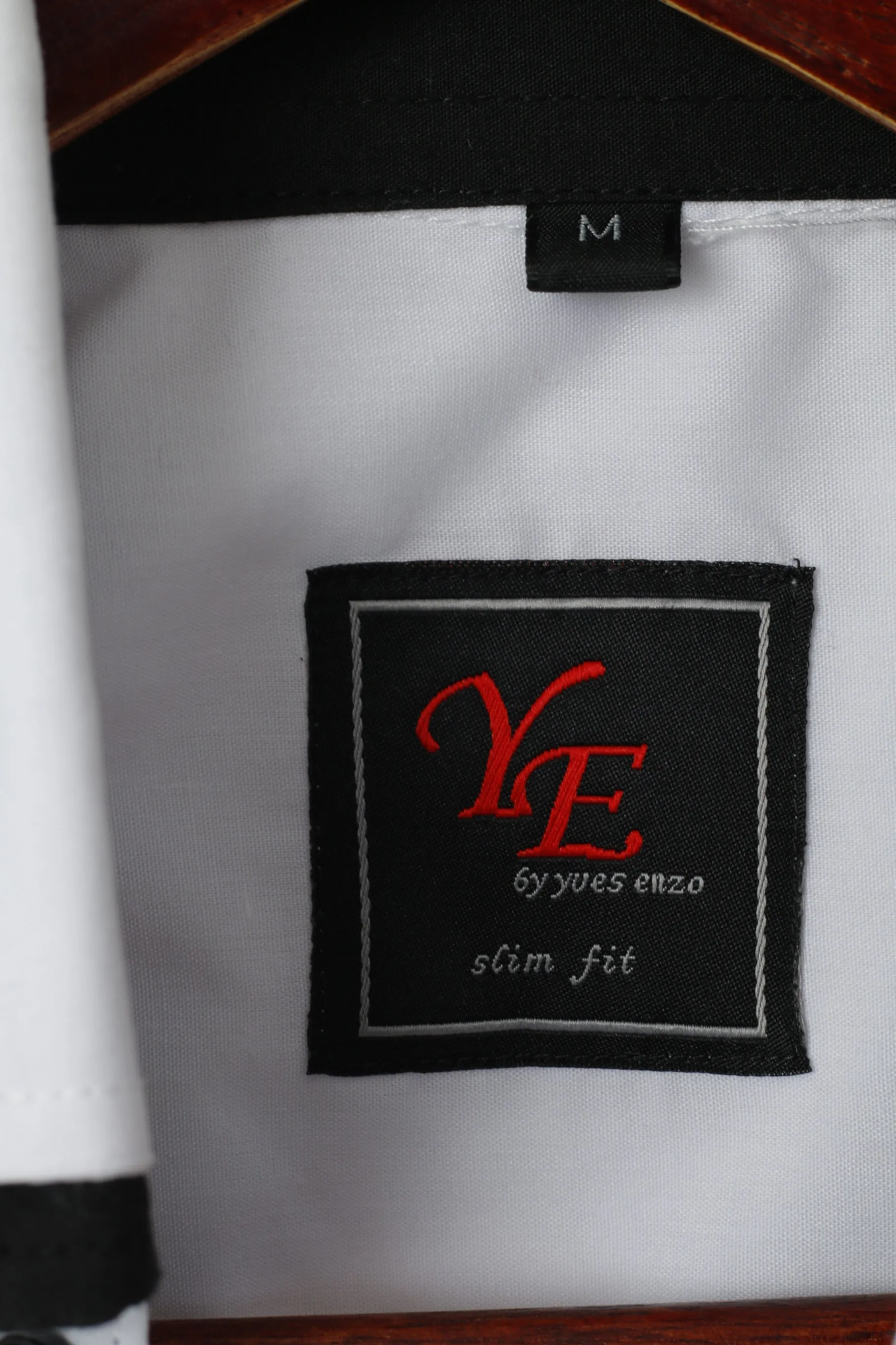 Yves Enzo Men M Casual Shirt White Cotton Slim Fit Black Buttons Long Sleeve Top