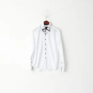 Yves Enzo Men M Casual Shirt White Cotton Slim Fit Black Buttons Long Sleeve Top
