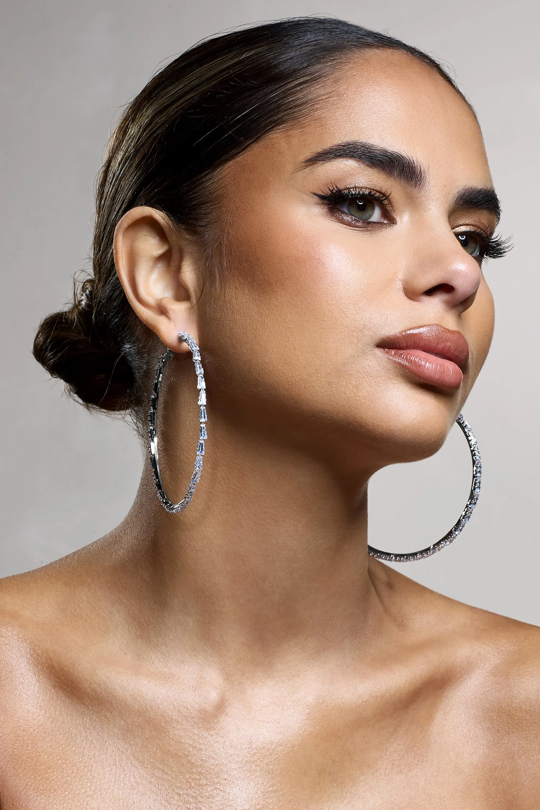 Zaida | Silver Diamante Hoop Earrings Club L London