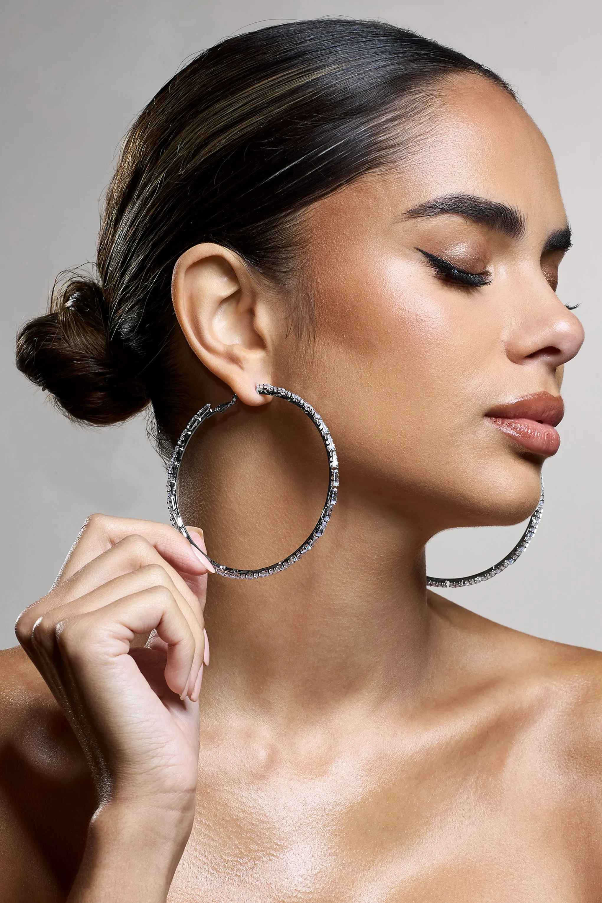 Zaida | Silver Diamante Hoop Earrings Club L London