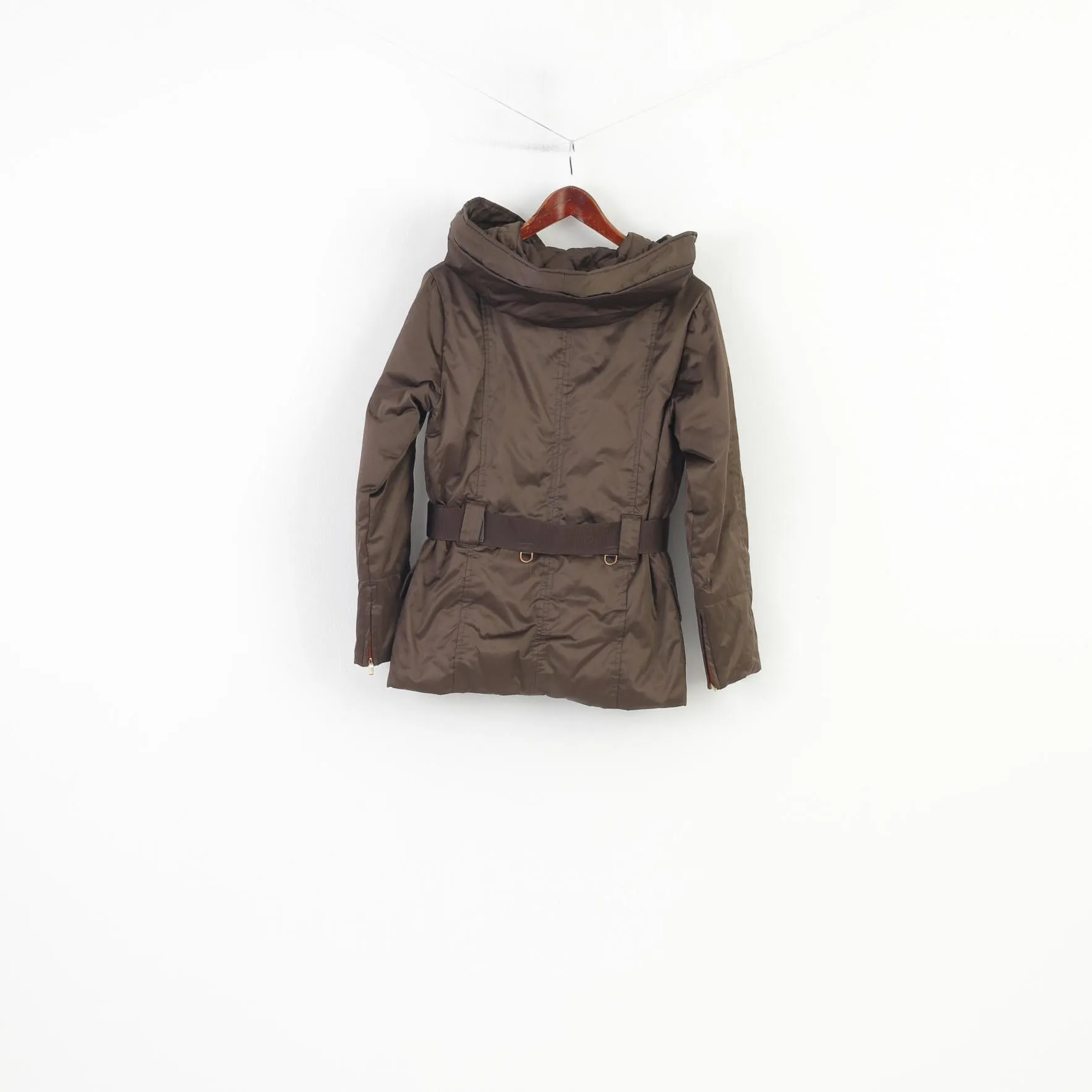 Zara Woman M Jacket Brown Padded Shiny Belted Warm  Hood Full Zipper Top