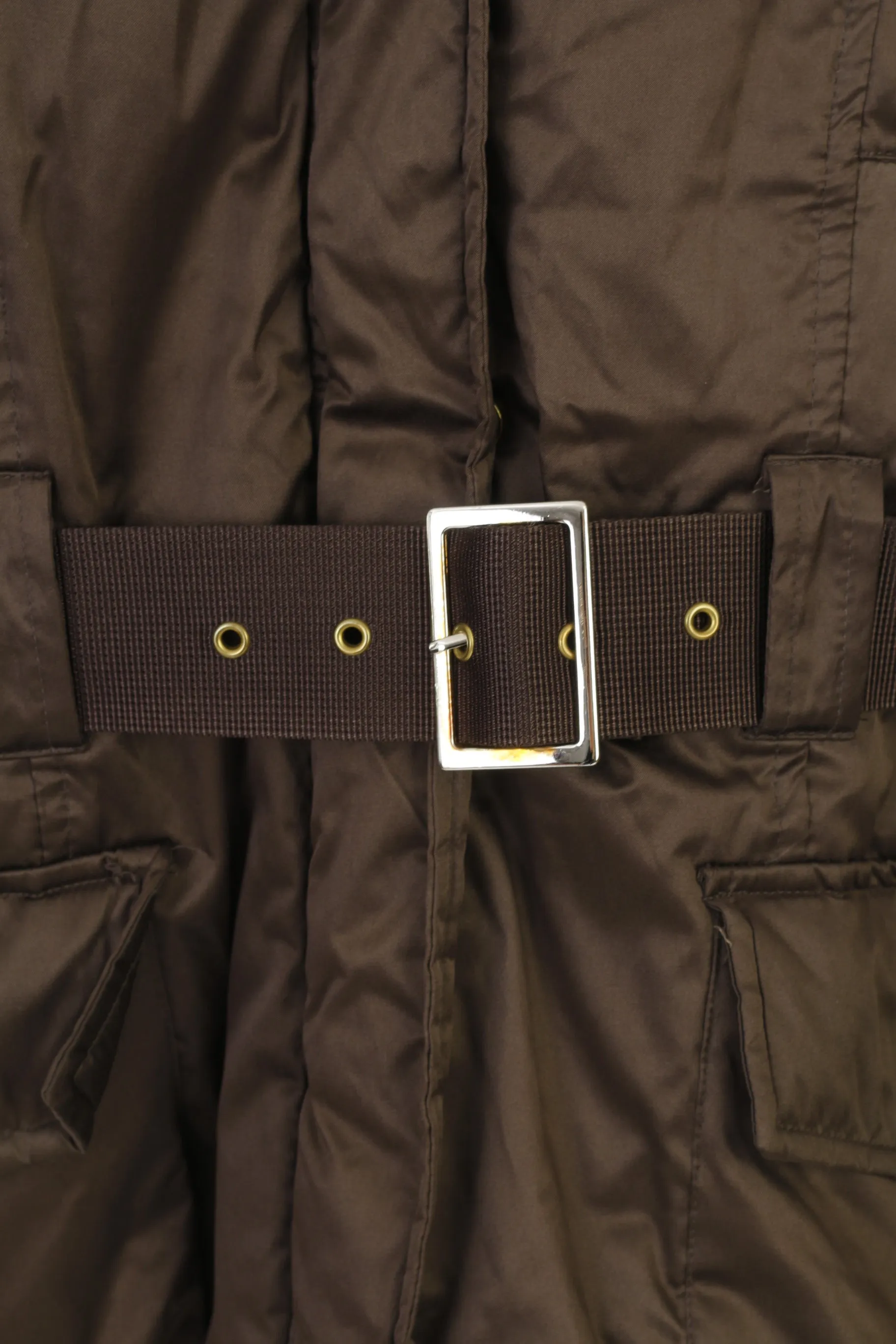 Zara Woman M Jacket Brown Padded Shiny Belted Warm  Hood Full Zipper Top