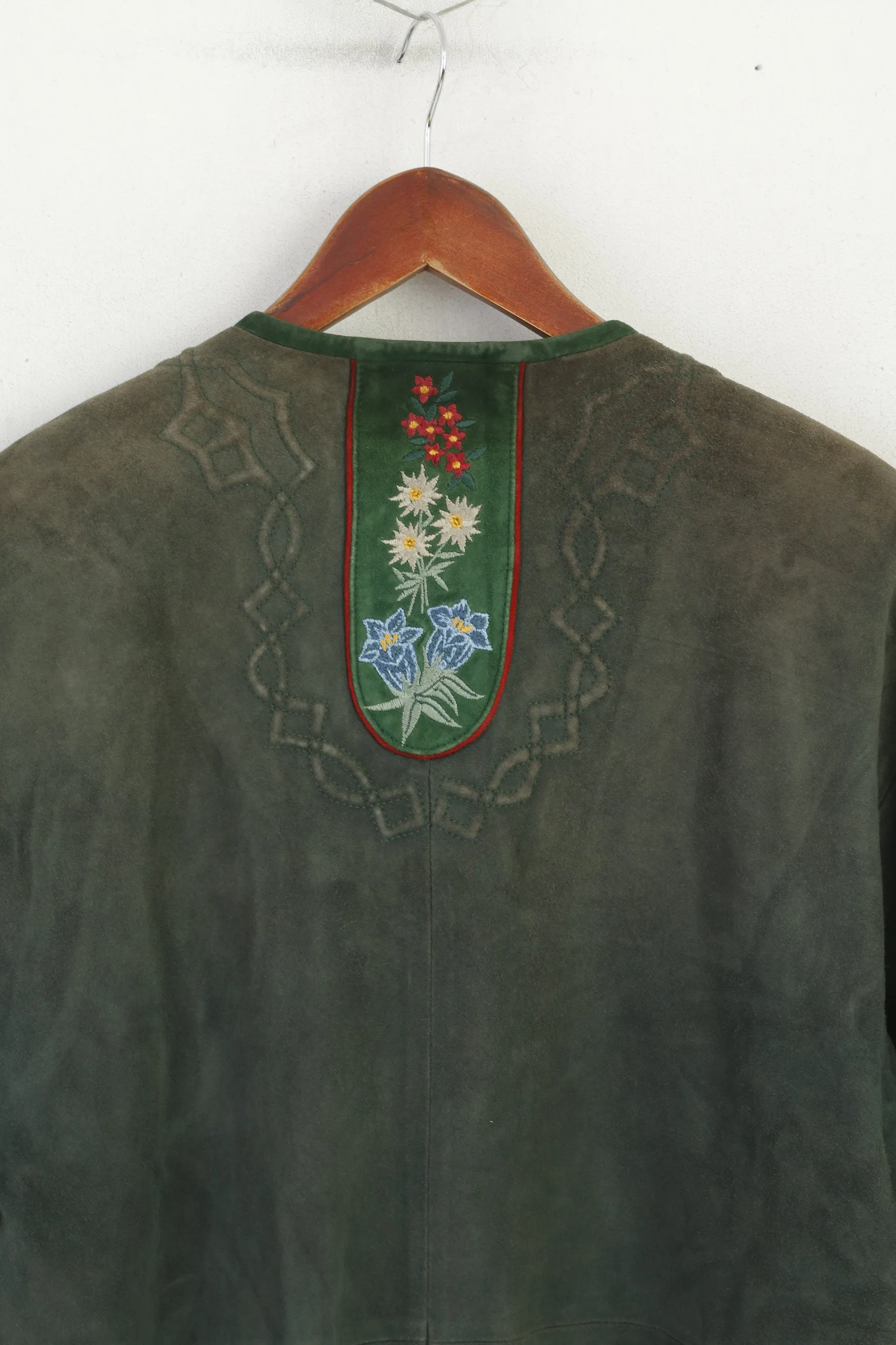 Zeiler Women 38 M Jacket Green Vintage Germany Velour Buttoned Shoulder Pads Top